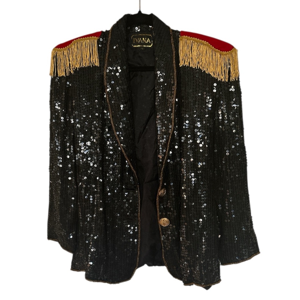 Vintage Black Sequin Jacket Gold Fringe Circus epaulette silk costume small